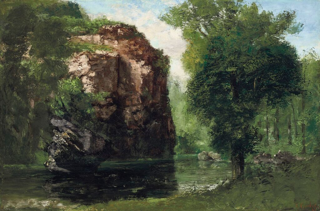 Courbet's Bords de la Loue avec rochers à gauche