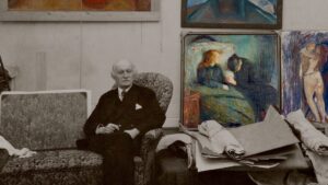 Edvard Munch dans l_atelier d_hiver pour ses 75 ans, 1938 © Munch Museet